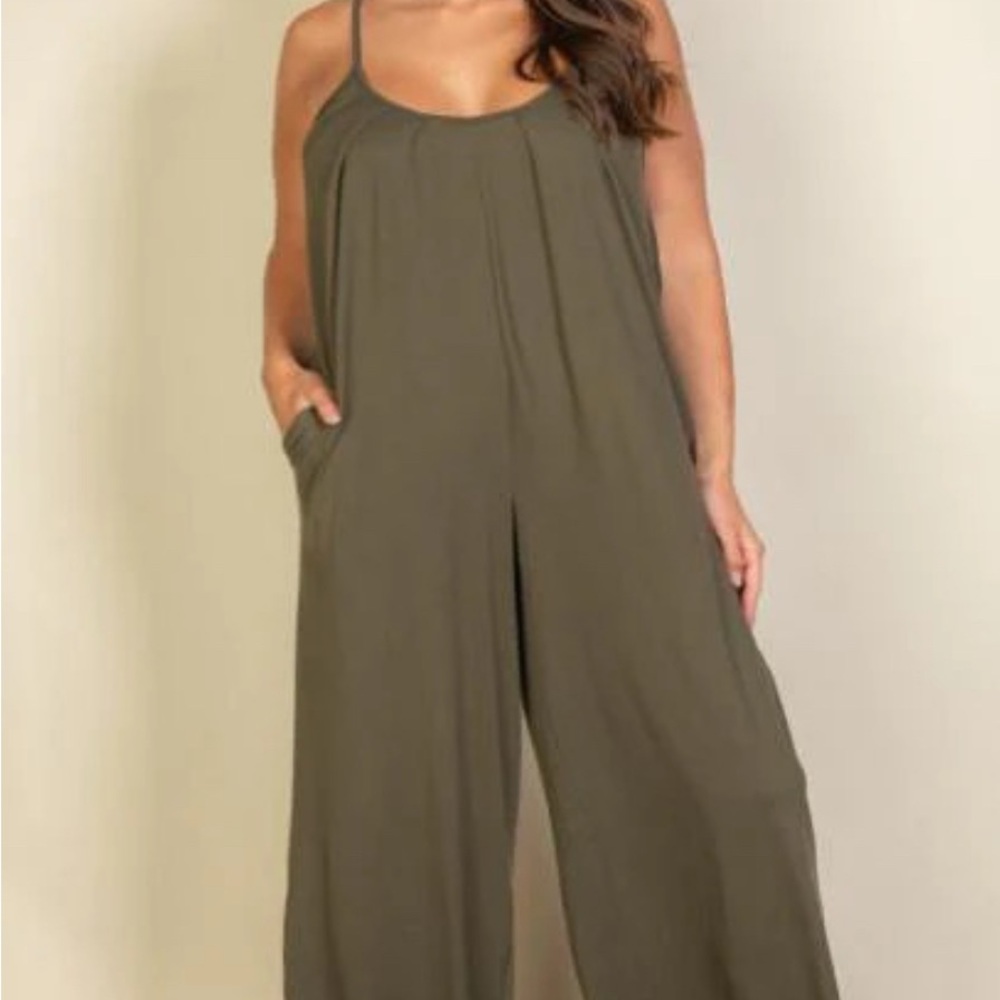 Olive Green Plus Size Women’s Spaghetti Strap Solid Wide Jumpsuit